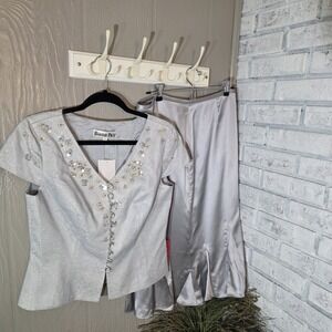 Barrie Pace 100% Silk Midi Skirt Sz 8 Silver Satin, Metallic Top